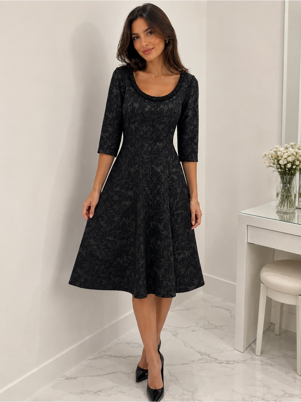 Jax Black Jacquard Scoop-Neck Midi Dress